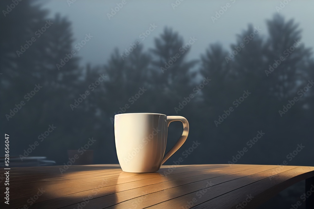 Mug of coffee on the table on the terrace in the early foggy morning. 3d rendering. Raster illustration.