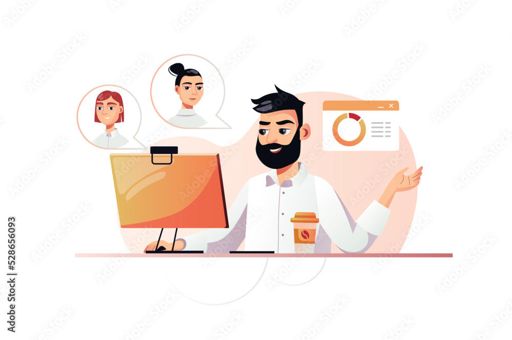Business video conference concept with people scene in the flat cartoon style. Manager tells the employees the work plan via video link. Vector illustration.
