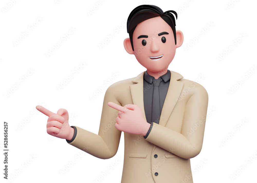 man in brown suit pointing side with both index fingers, 3d illustration of a smart businessman pointing man in brown suit pointing side with both index fingers, 3d illustration of a smart businessman pointing