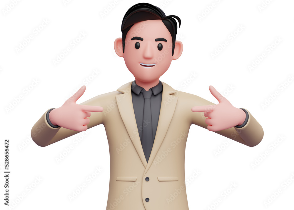 3D illustration of man in brown suit pointing self 3D illustration of man in brown suit pointing self