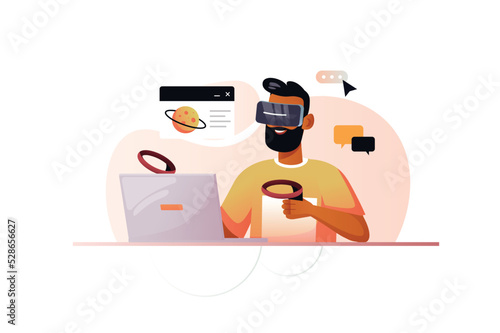 Metaverse orange concept with people scene in the flat cartoon style. Man plays in the virtual space he got into with the help of a laptop and VR-glasses. Vector illustration.