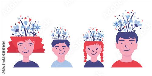 Mental health, happy family concept, balance, harmony. Male, female, children's heads with flowers inside. Mindfulness, positive thinking, self care idea. Set of flat cartoon vector illustrations