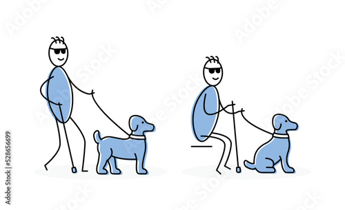 Blind man walking with dog character isolated on white background. Guide dog symbol vector illustration.