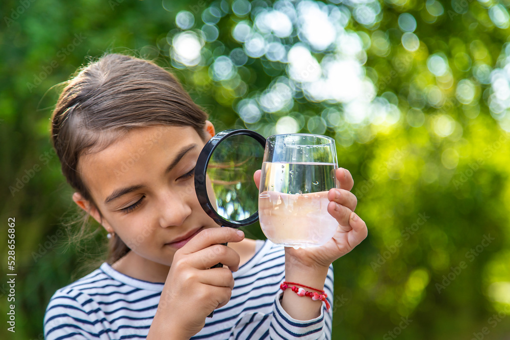 The child examines the water with a magnifying glass. Selective focus.