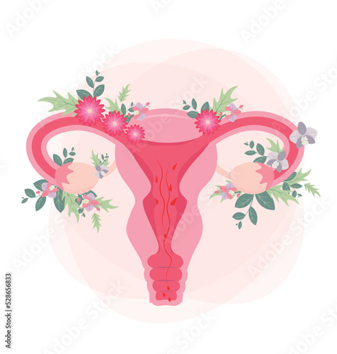 Organ of the uterus with flowers,female nature. Feminism concept. Beautiful female reproductive organ and flowers. Woman's symbol. Woman reproductive health illustration. Vector illustration.