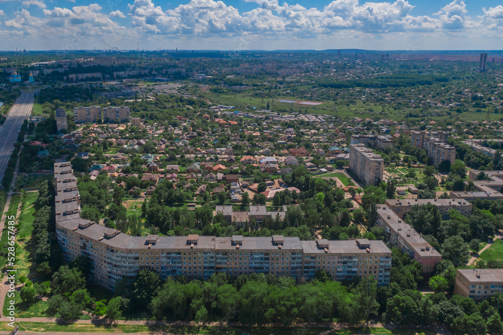 Obraz premium Ukrainian city of Krivoy Rog from above. Residential buildings, city center. Landmark of Ukraine. Aerial view of cityscape