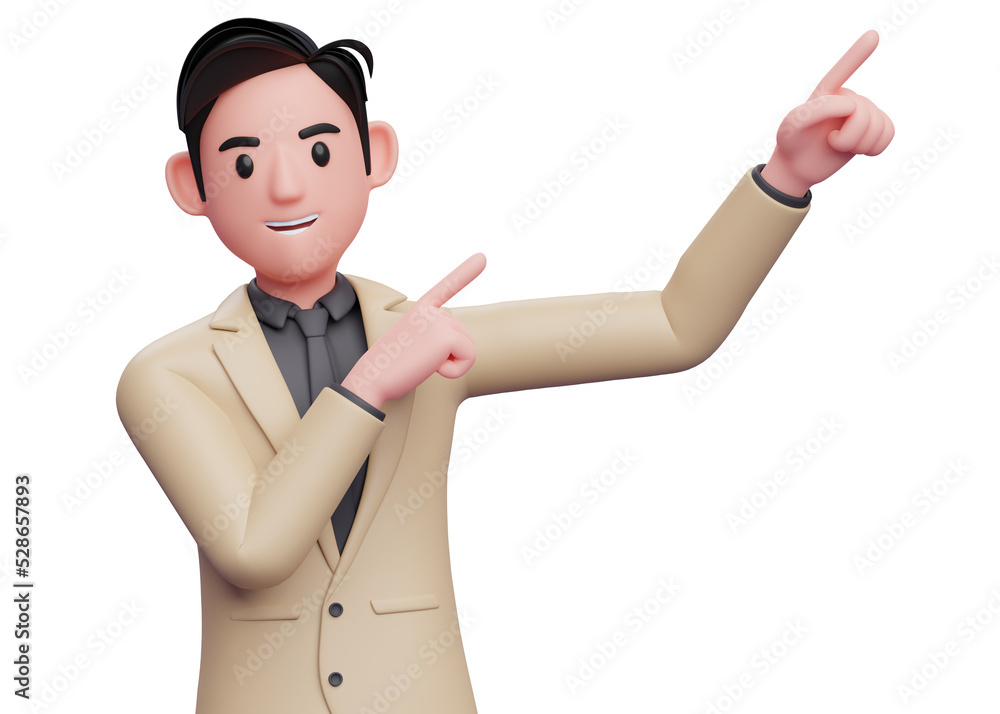 businessman in brown suit raising both hands pointing to the top right corner, 3d illustration of a businessman pointing to the top right corner with both finger businessman in brown suit raising both hands pointing to the top right corner, 3d illustration of a businessman pointing to the top right corner with both finger