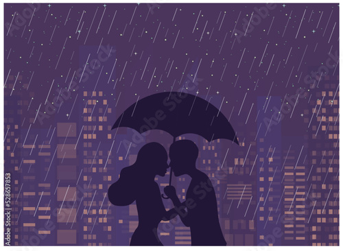 Young couple holding umbrella in rain in cityscape at night vector illustration. Love, romantic, valentine concept