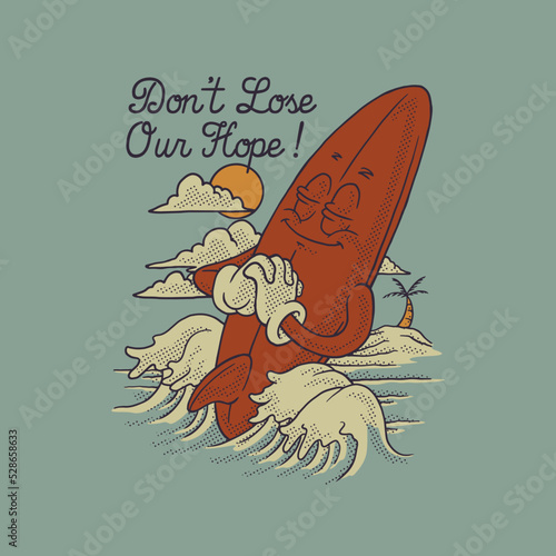 Cartoon illustration of praying surfing board mascot with retro style