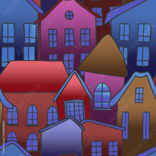 Seamless pattern of simple illustrations of toy houses