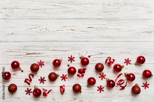 Christmas composition. a pattern of christmas balls on colored background. Flat lay, top view New year decor