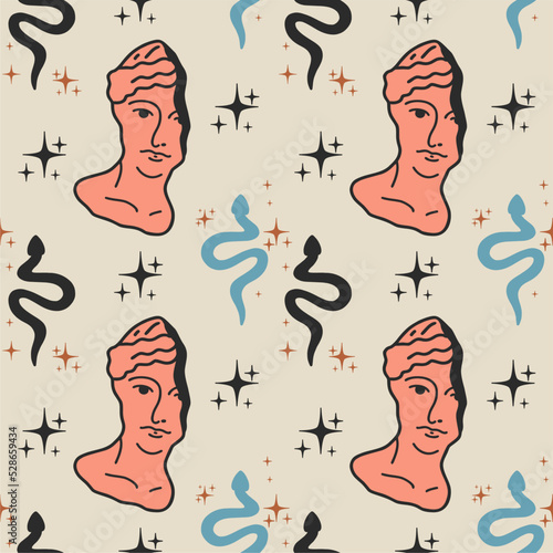 Vector seamless pattern with vintage marble statues with broken elements. Greek classics of ancient Venus, snakes and stars. Hand drawn mythical trendy vector.