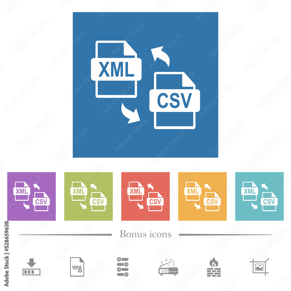 XML CSV file conversion flat white icons in square backgrounds XML CSV file conversion flat white icons in square backgrounds