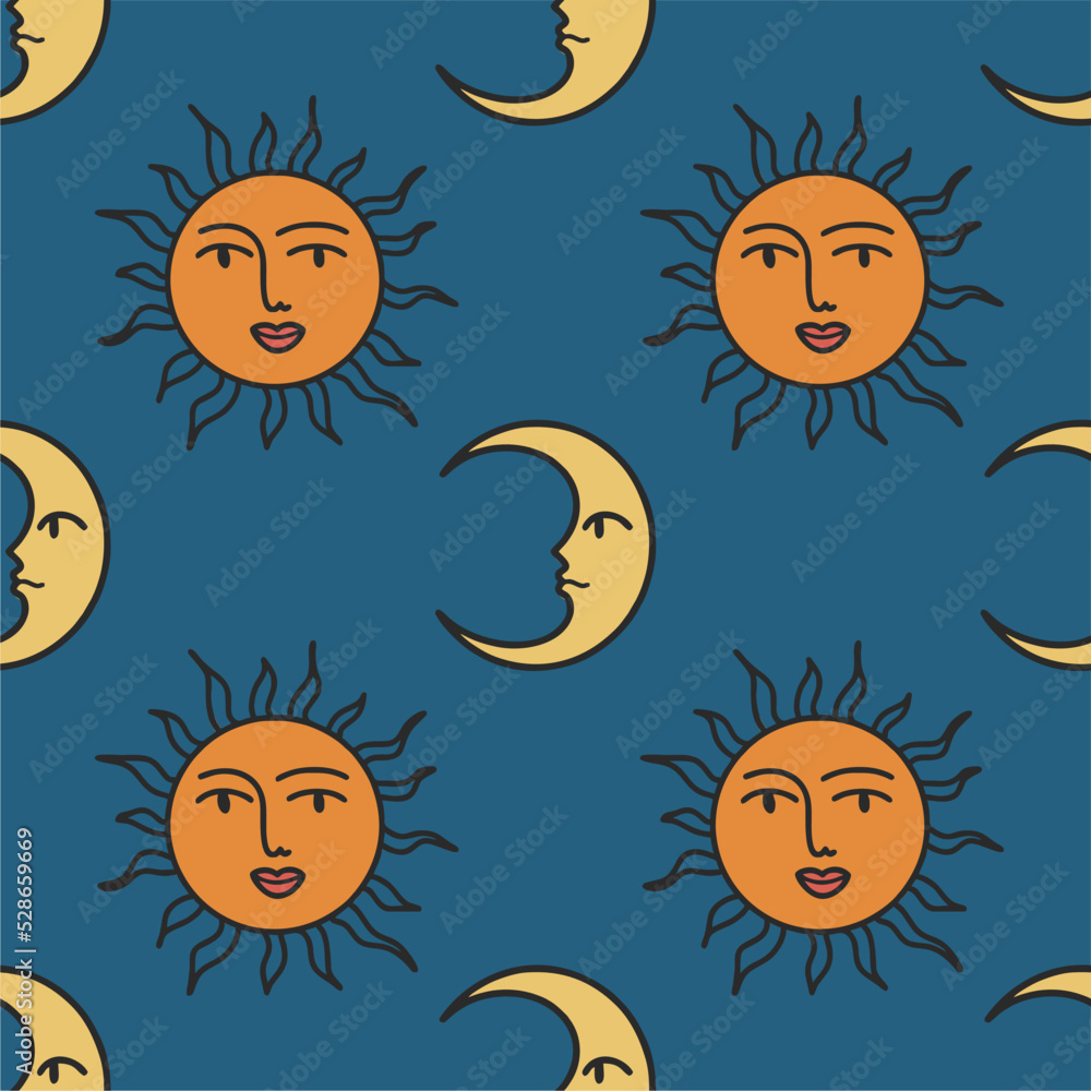 Fototapeta premium Seamless pattern with sun and moon. Contemporary composition. Boho wall decor. Mid century art print. Trendy texture for print, textile, packaging.