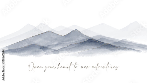 Abstract watercolor mountains. Artistic wallpaper for wall decoration, posters, covers, invitations, wedding printing. Gray painted mountains with sparkles
