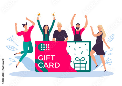 Happy people with gift card voucher enjoy