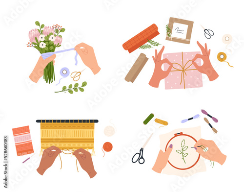Hands create crafts, sewing and decoration handmade