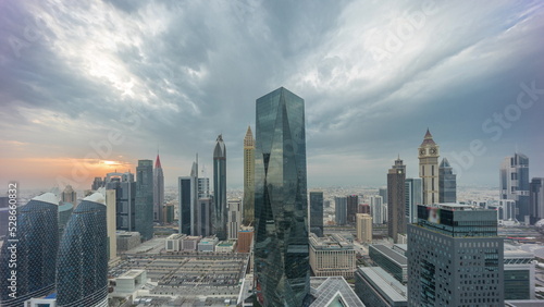 Photography Panorama of futuristic skyscrapers with sunset in financial district business ce