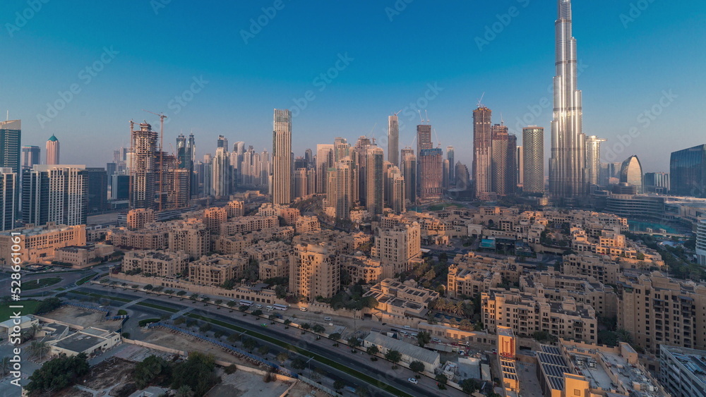 Dubai Downtown morning timelapse with tallest skyscraper and other towers