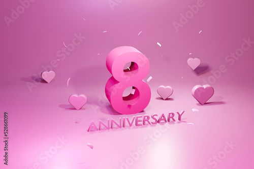 8 years anniversary celebration on pink pastel background 3d render