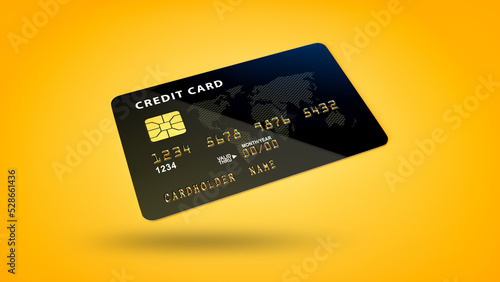 Black credit card on yellow background for business concept. 3D illustration.