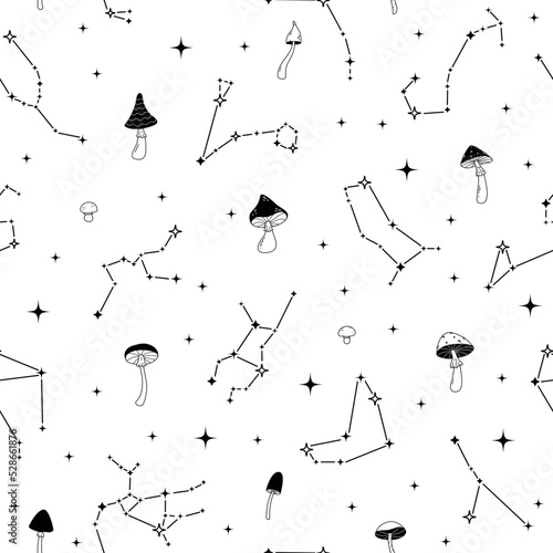 Mystic celestial seamless pattern constellations, stars and mushrooms on white background. Zodiac texture. Mystical esoteric boho background for fabric, astrology, wrapping paper. Vector illustration