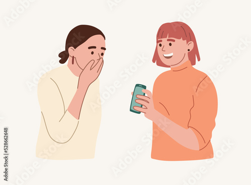 Woman showing good news on phone screen to a friend. Luck, victory concept. Happy, surprised expression. Flat vector illustration.
