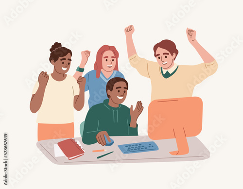 Group of people, employees celebrating victory, success at work. Triumph, winning concept. People with happy expressions. Emotions of delight. Flat vector illustration.