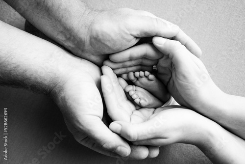 The palms of the parents. A father and mother hold the feet of a newborn child. The feet of a newborn in the hands of parents. Photo of foot, heels and toes. Black and white.