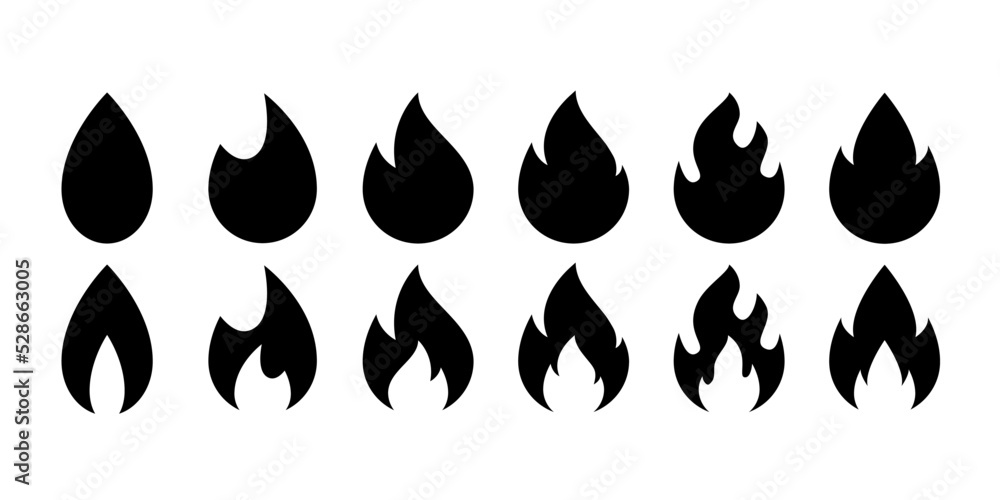 Flame vector silhouette black color isolated. Fire set style concept ...