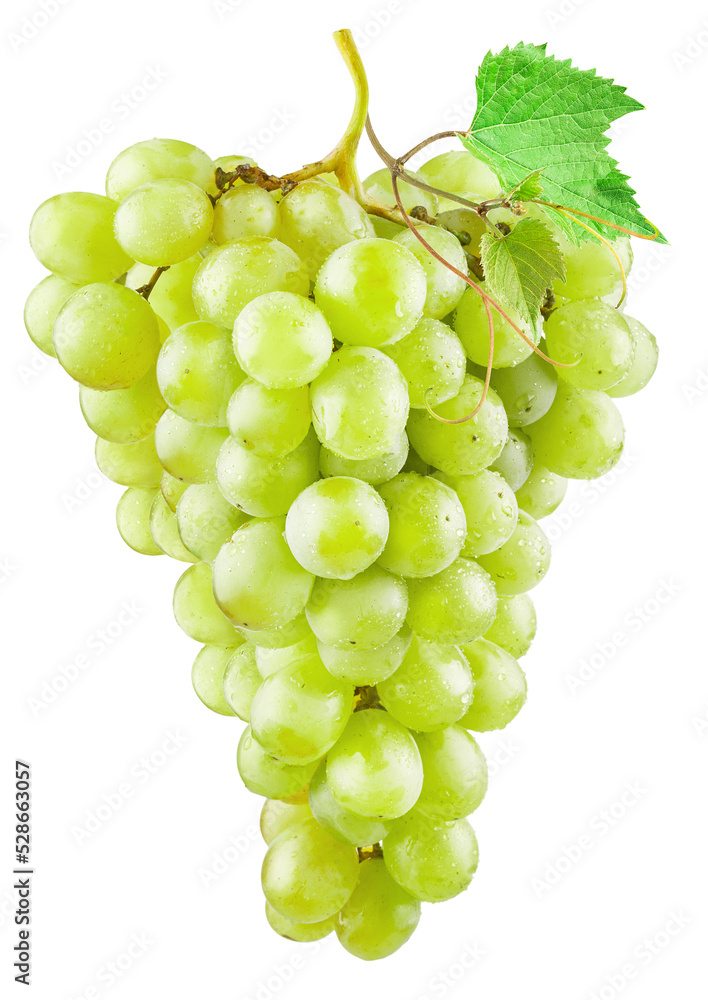 Obraz premium Bunch of green (yellow) grapes with a grape leaf isolated on a white background. There is a clipping path.