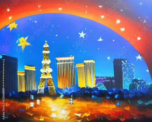 Night in Las Vegas, Nevada. Oil painting modern impressionism art. Bright vibrant colors of neon city at night. Casino, hotels, restaurants, road traffic lights. Wall art print, greeting template