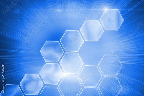 Glowing hexagons on blue background