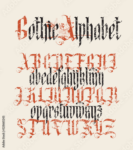 Gothic font. Full set of capital letters and small of the English alphabet in vintage stylewith damaged and scratched elements. Medieval Latin letters. Vector calligraphy and lettering.