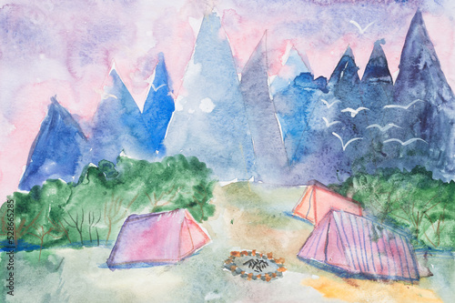 children's diy watercolor drawing on textured paper - traveling, hiking and camping in a clearing in the mountains. tents, campfire and pink sky. romance and relaxation. kids art handmade painting