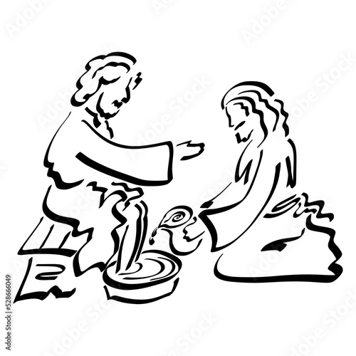 Photography Lord Jesus on his knees humbly washes the feet of the apostle, black outline