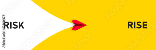 Red plane flying from Risk to Rise. Business creativity new idea discovery innovation technology.Risk idea concept.
