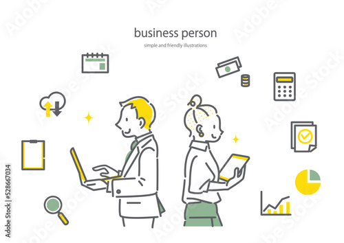 ビジネスパーソンとビジネスアイコンセット　上半身　横顔　男女　シンプルでお洒落な線画イラスト