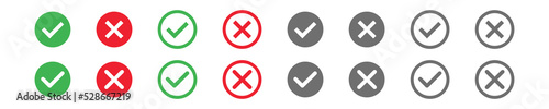 Checkmark x mark icon. Green checkmark and red x sign. Correct error vector symbol isolated on white background. Vote checkmark in circle and square box.
