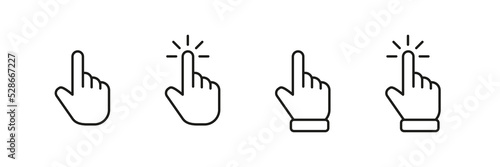 Hand cursor icon. Click hand mouse pointer. Finger tap vector sign. Click button symbol.