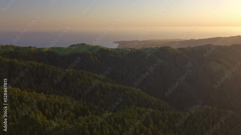 Mt Tamalpais rolling landscape aerial view flying over silhouette glowing sunset coastal woodland Mt Tamalpais rolling landscape aerial view flying over silhouette glowing sunset coastal woodland