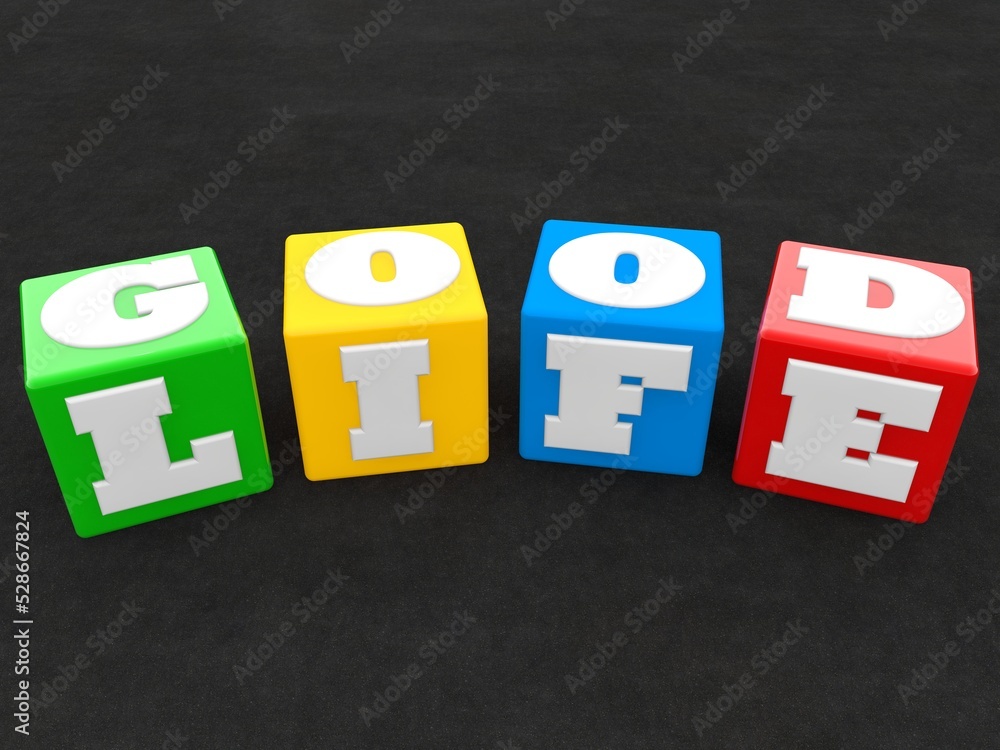 GOOD LIFE concept from colorful toy blocks on asphalt background GOOD LIFE concept from colorful toy blocks on asphalt background