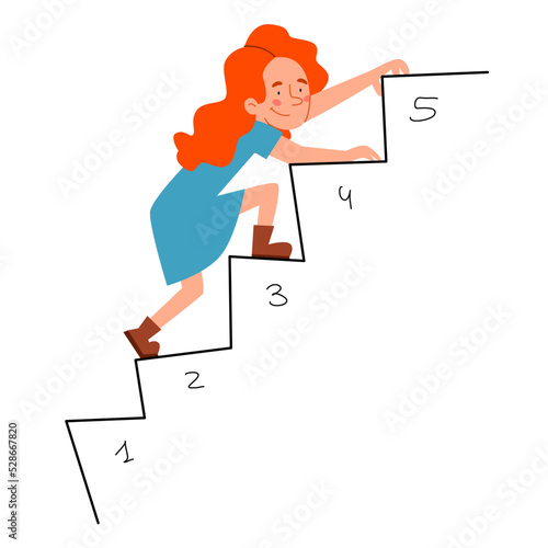 The girl climbs up the ladder of levels. Vector design in a flat style.