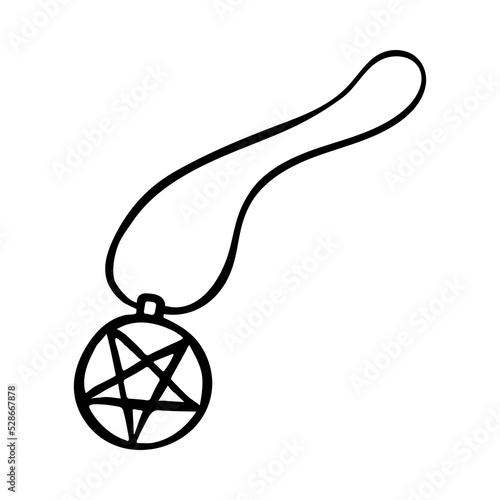 Doodle medallion with pentagram  isolated on white background.  Magic amulet and witchcraft item. Hand-drawn vector illustration