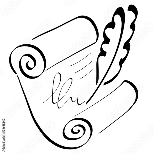 signature of a document or poetic text on a scroll, bird feather, black outline
