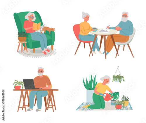 Senior men at home doing hobby planting and reading