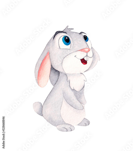 Cute little cartoon white hare. Watercolor illustration isolated on a white background. For the design of holiday cards, birthday, sublimation, children's design, stickers.
