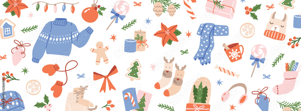 Christmas and New Year banner with decorations, holiday gifts, ornaments and winter clothes. Flat cartoon illustrations