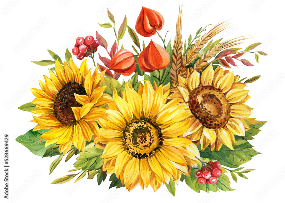 Naklejka premium Watercolor autumn decor. Sunflowers on an isolated white background. Thanksgiving Day, bouquet of yellow flowers