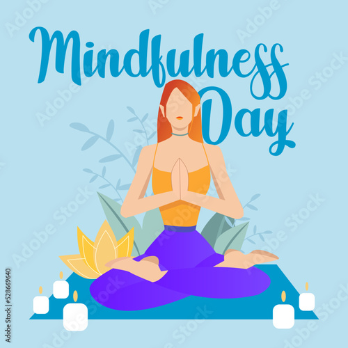 Woman doing breathing exercise. She s meditating in lotus pose. Mindfullness day  mental wellness. Vector illustration